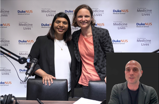 Podcast studio where podcast host stands with Rukie de Alwis  after talking about H5N1 in Southeast Asia. They were joined by Erik Karlsson (insert)