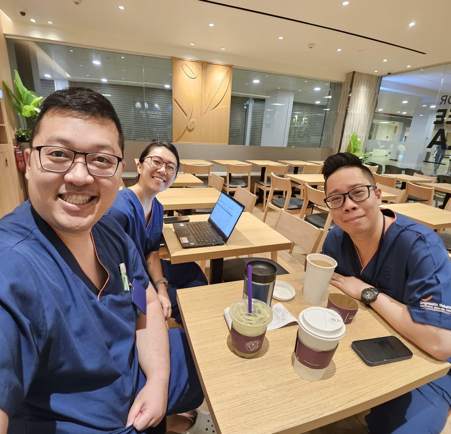 Grabbing a coffee with co-residents before night duty at Singapore General Hospital when I started residency in July 2025 // Photo credit: Brian Chan
