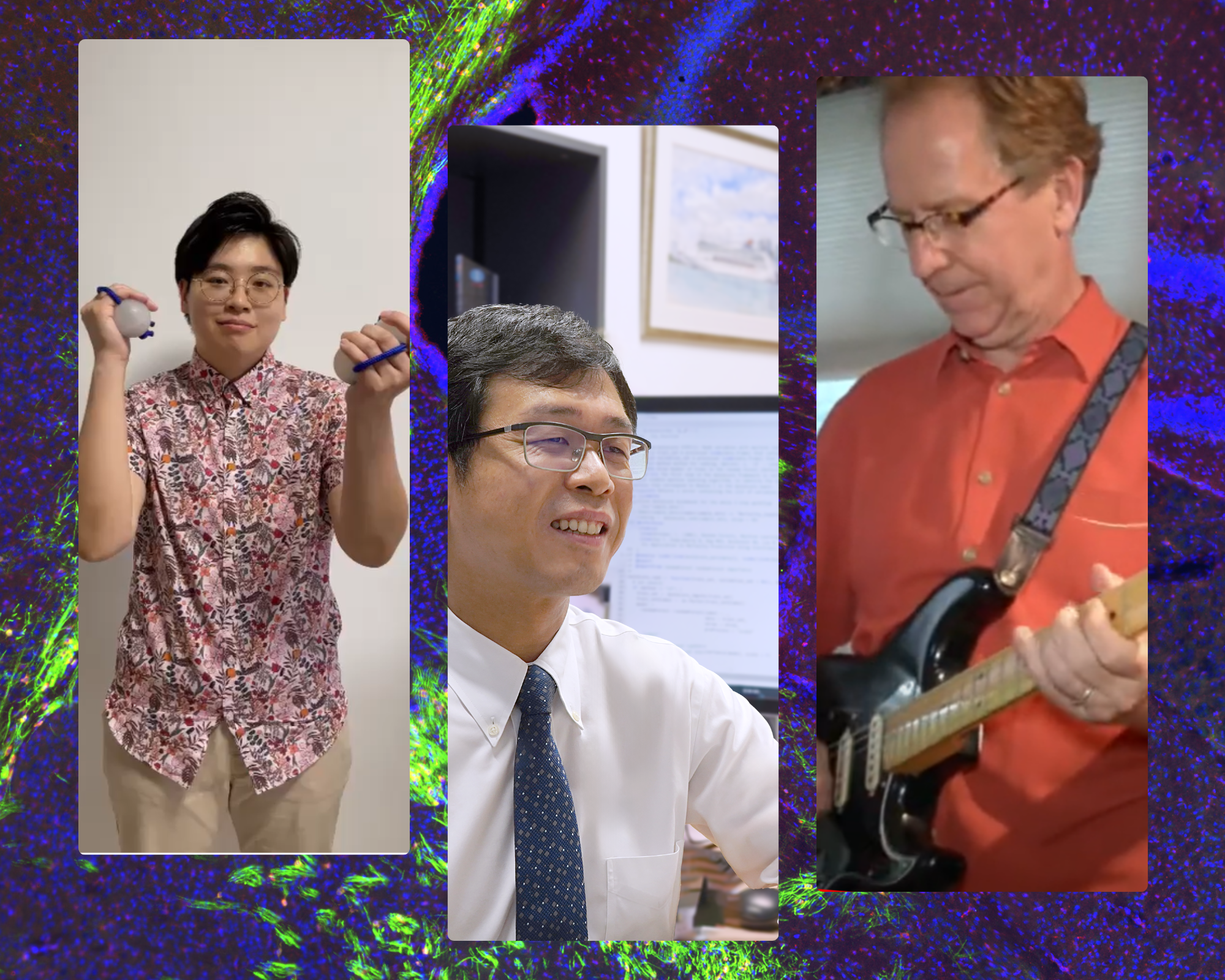 Picture shows three people in individual photos, from left Madeline Kwek who plays the asalato, data scientist Liu Nan who paints watercolour and on the right features Tom Coffman who is a scientist and guitarrist