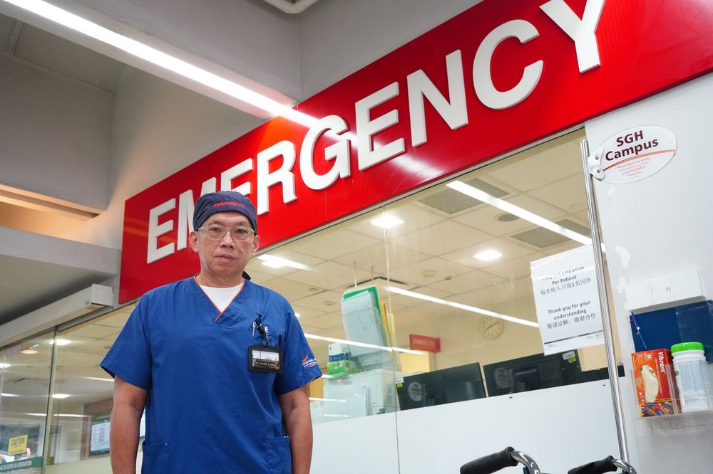 Portrait of Dr Mark Leong, an emergency physician outside the A&amp;E