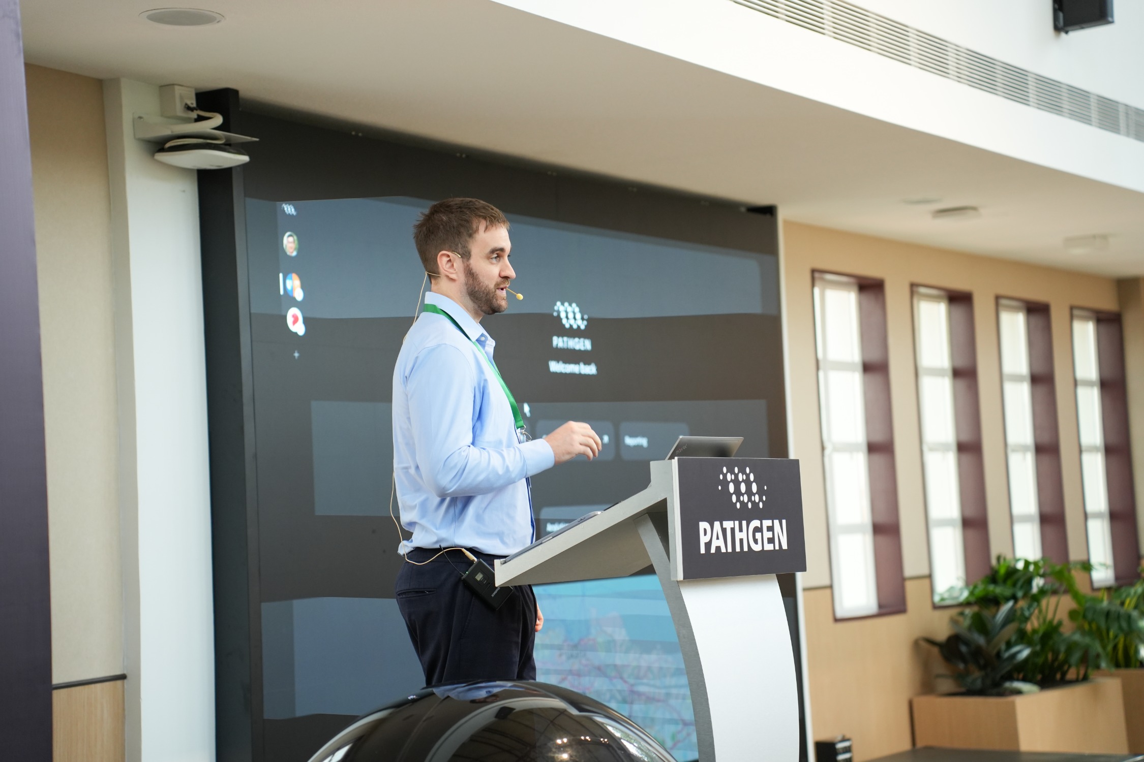 Barber speaking at the PathGen public preview event