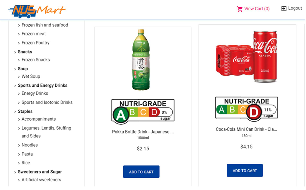 Picture of online grocery store experience seen by trial participants to tested effectiveness of new labelling system for pre-packaged drinks