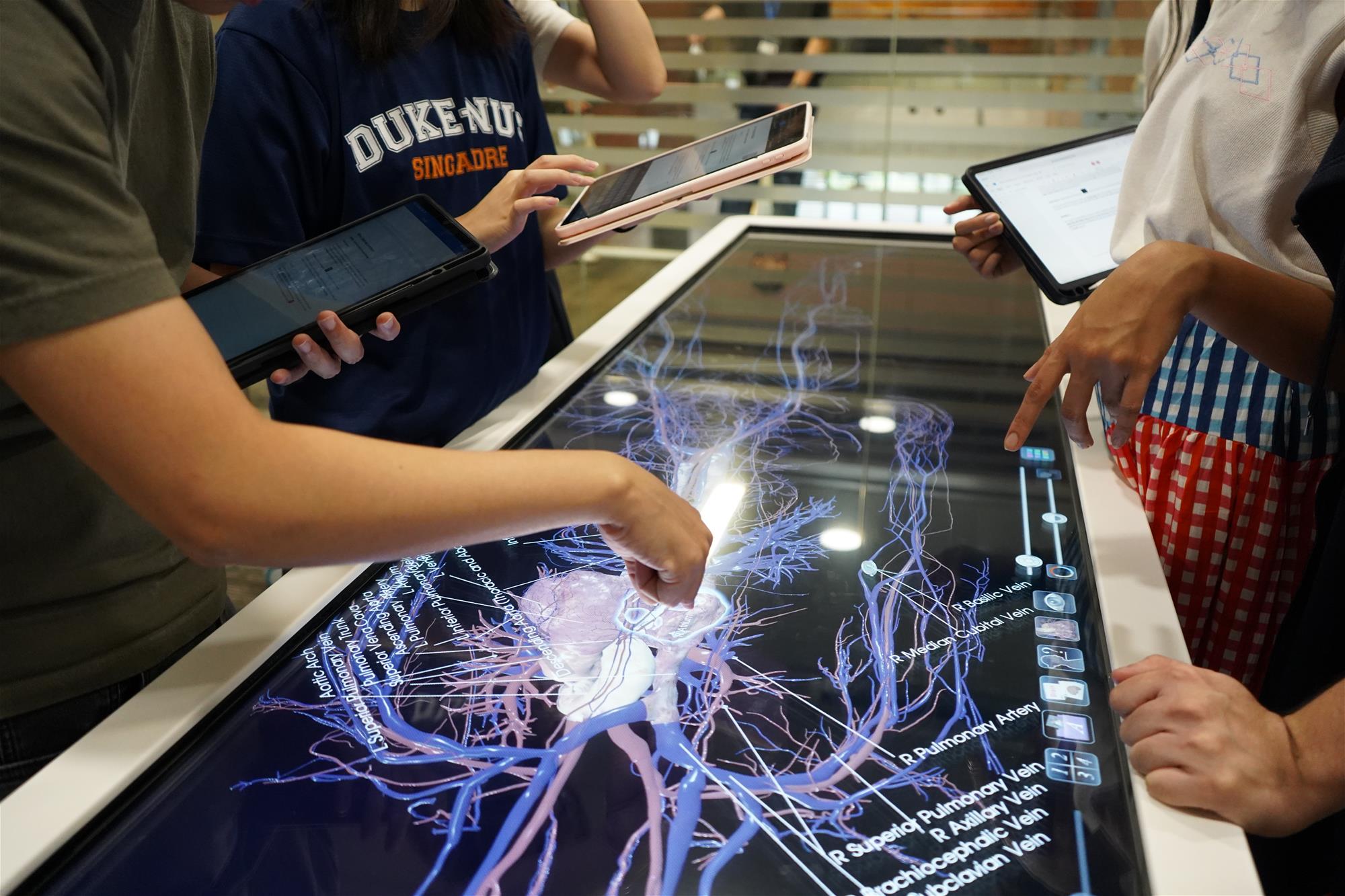 A team of students using the Anatomage table to take a closer look at the human thoracic cavity