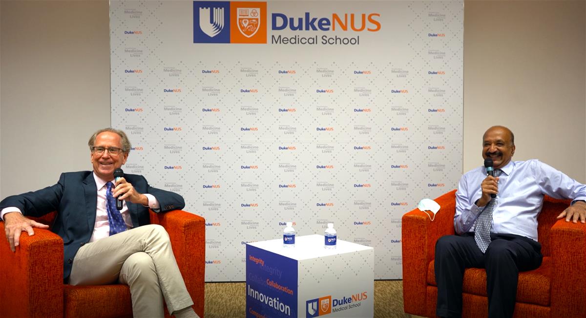 Former Duke-NUS Dean Prof Ranga Krishnan talked about his memories of setting up the School with his successor Prof Thomas Coffman during a fireside chat