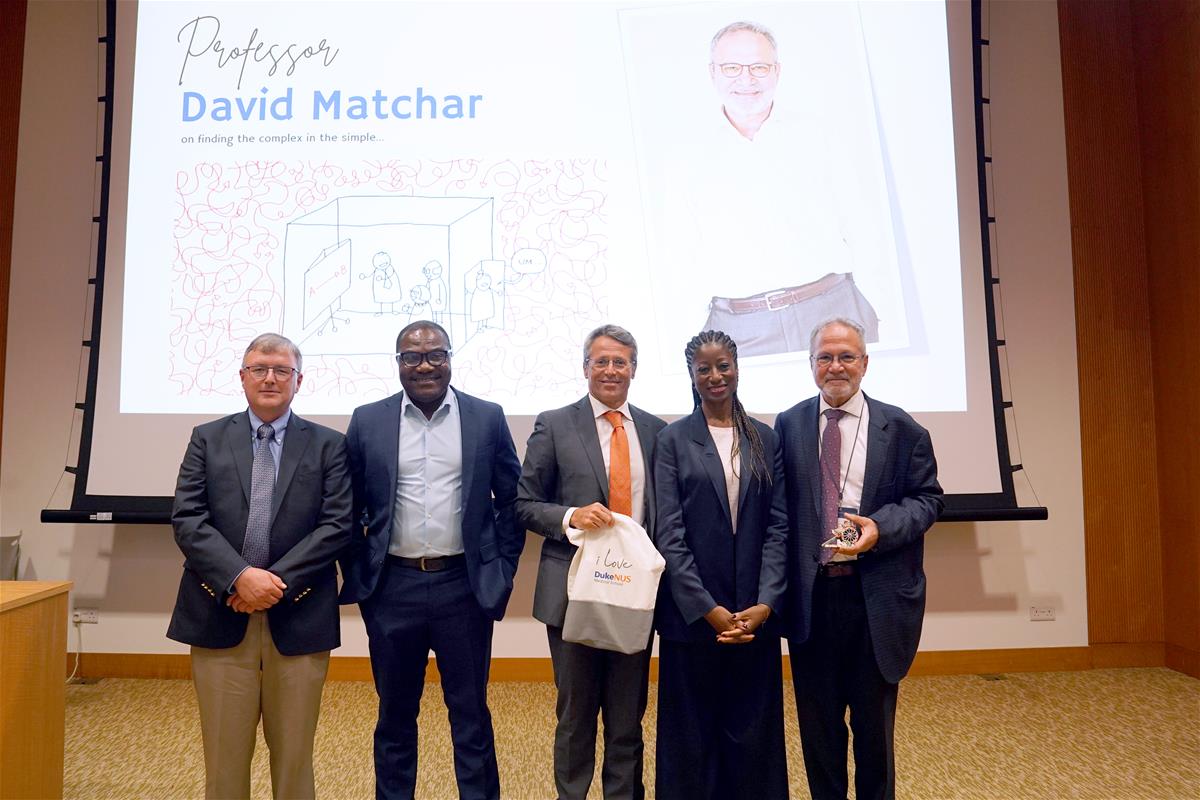 Prof Matchar shares a photo with the speakers (from left to right): Prof Peter Hovmand, Asst Prof John Pastor Ansah, Assoc Prof Enzo Bivona and Dr Aku Kwamie
