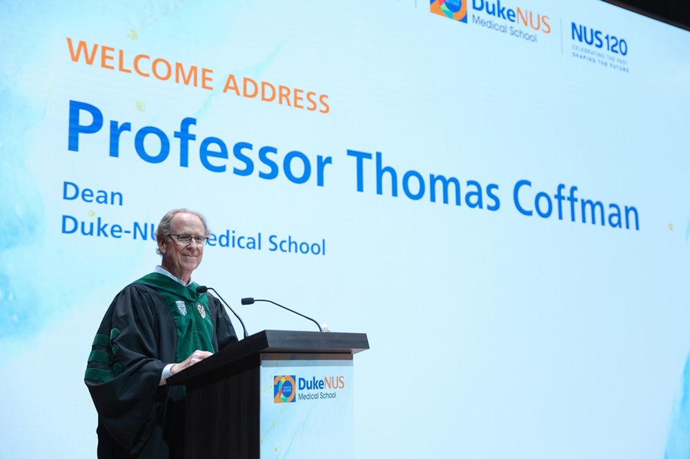 gradstory25_Dean Prof Thomas Coffman Prof Thomas Coffman congratulates the graduating cohort in his welcome address