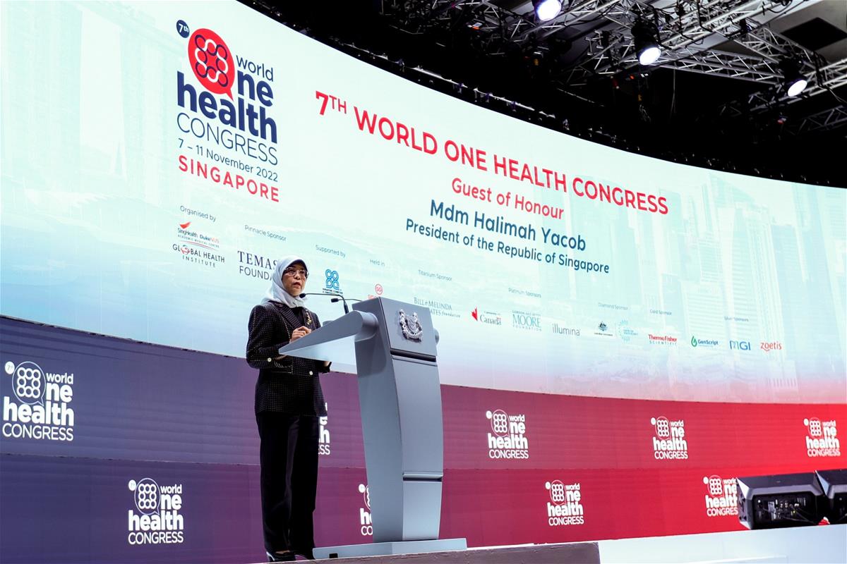 Guest of Honour Mdm Halimah Yacob, President of the Republic of Singapore, giving the Opening Address at the 7th World One Health Congress
