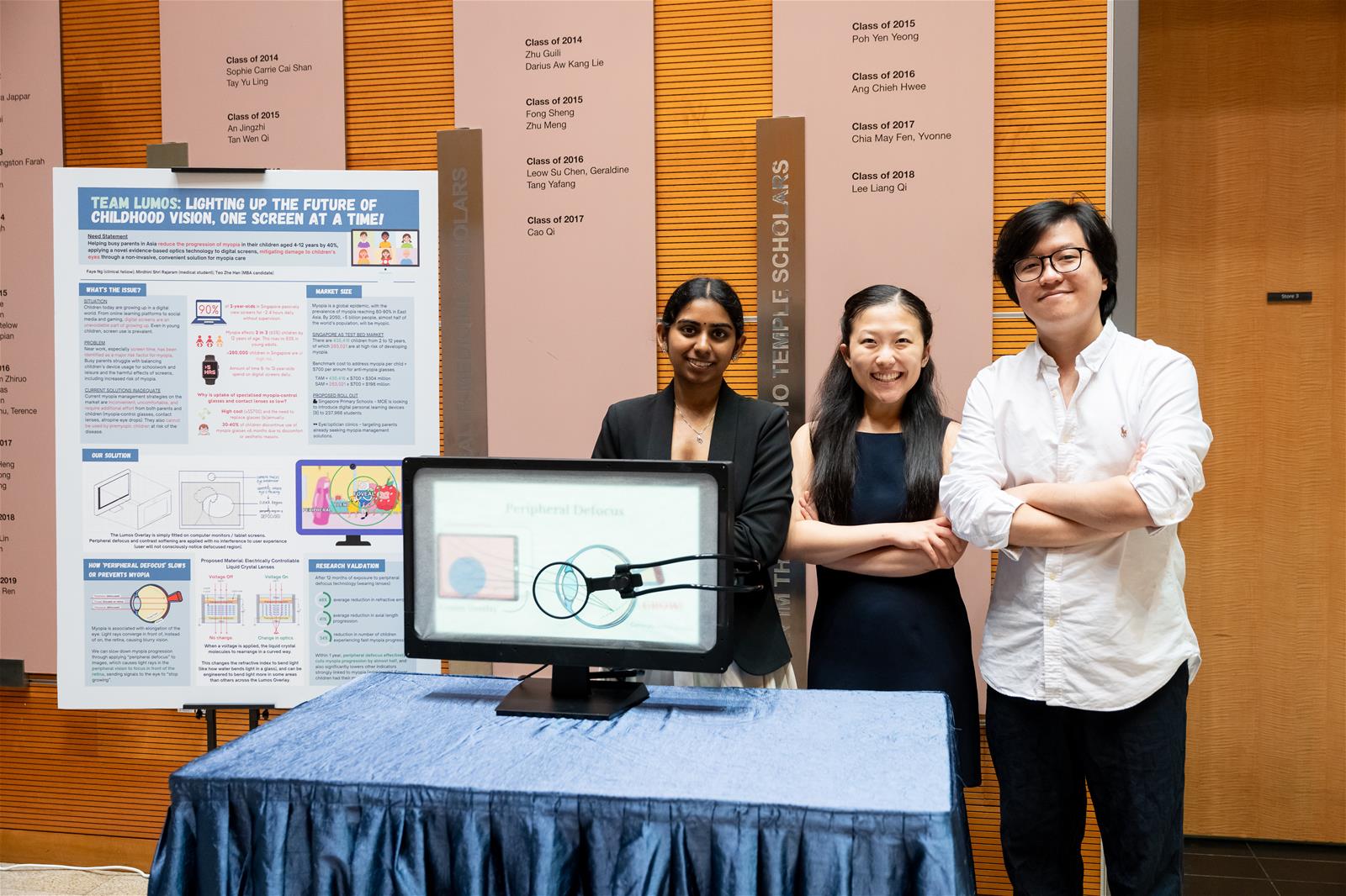 Team Lumos presents their innovation—a specially designed screen overlay that bends peripheral light rays so they converge in front of the retina, minimising elongation of the eyeball and reducing the risk of myopia.