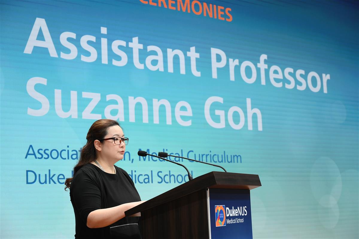 Asst Prof Suzanne Goh, reminds students about the impact of touching lives with medicine