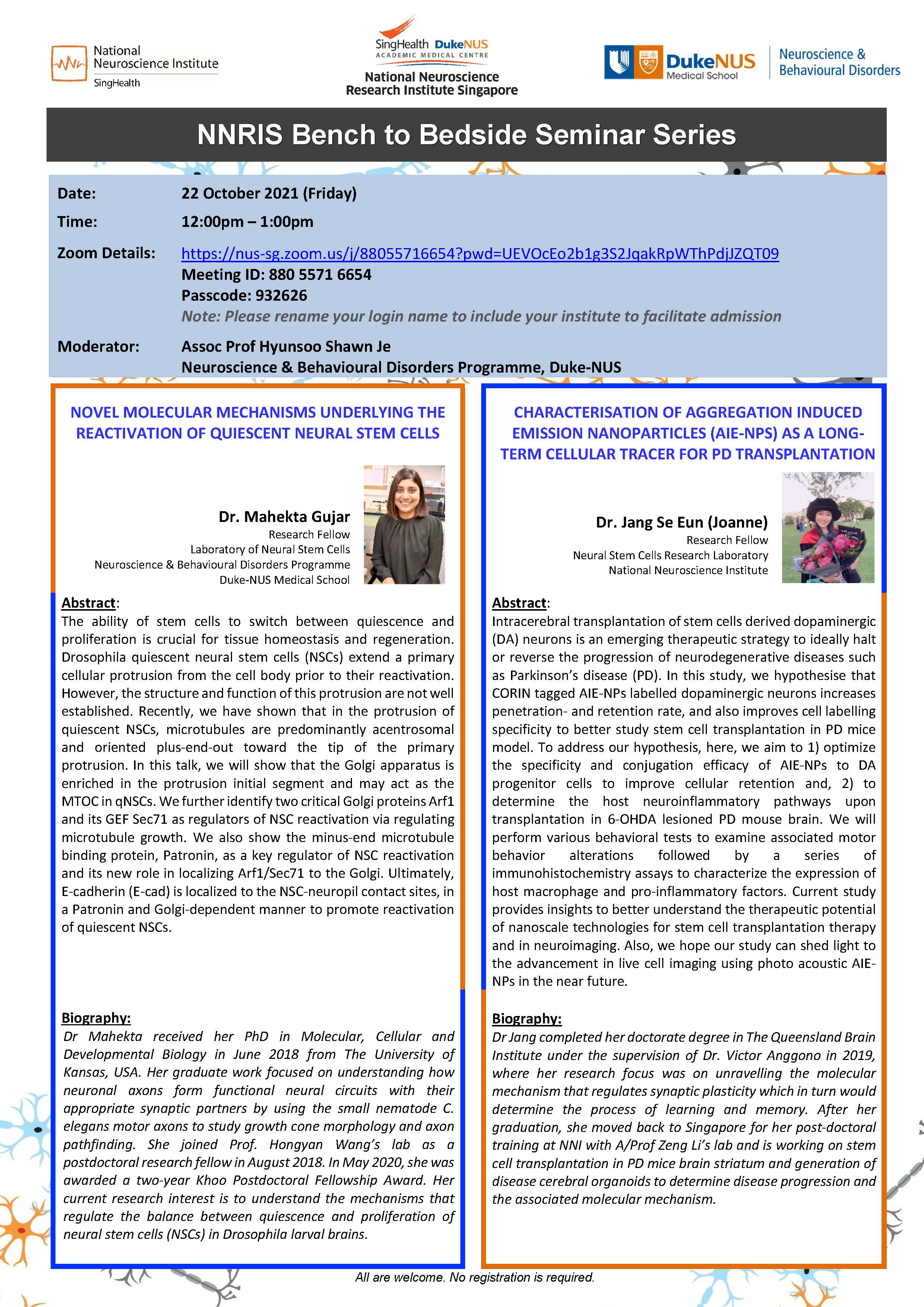 NNRIS Bench to Bedside Seminar on 22 Oct 2021, 12pm