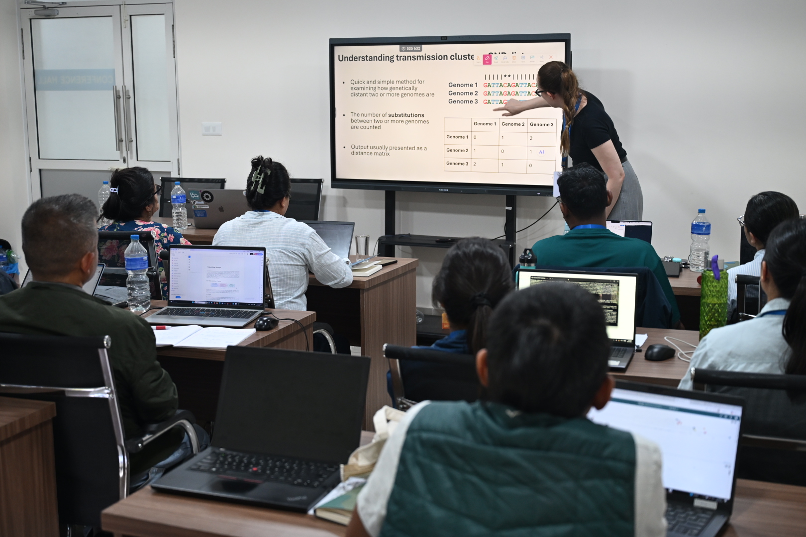 Asst. Prof. Zoe Dyson delivers a lecture on pathogen genomics