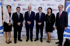 From left: A/Prof Silke Vogel (Deputy Director, CoRE), Prof Kenneth Mak (DGH MOH), Dr Richard Hatchett (CEO, CEPI), Prof John Lim (Executive Director, CoRE), XX, Prof Thomas Coffman (Dean, Duke-NUS Medical School)